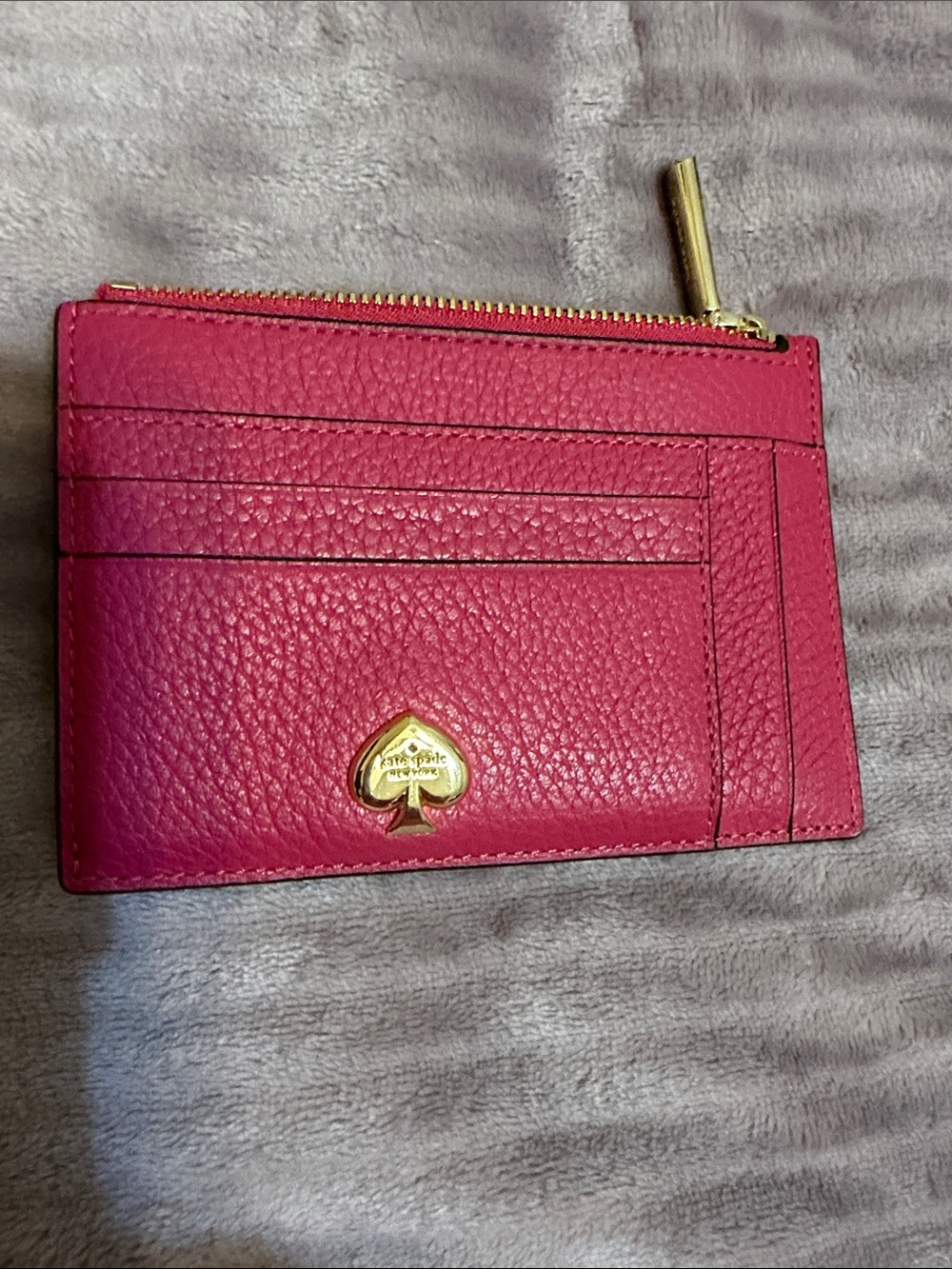 kate spade Bright Pink Pebbled Leather Card Holder with Gold Spade Accent
